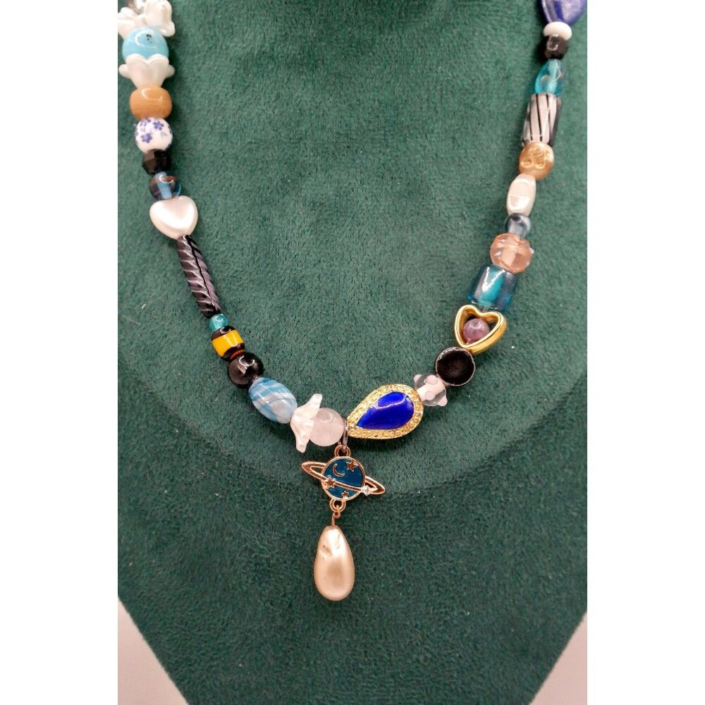 Blue & Gold Saturn Beaded Necklace